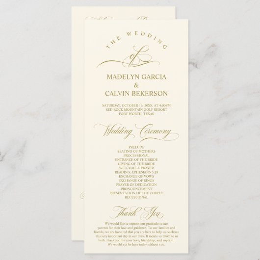 Programme Classic Elegance Gold Script, Cérémonie Mariage (Devant / Derrière)