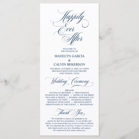 Programme Classic Elegance Marine Bleu Script Mariage cérémo (Devant)