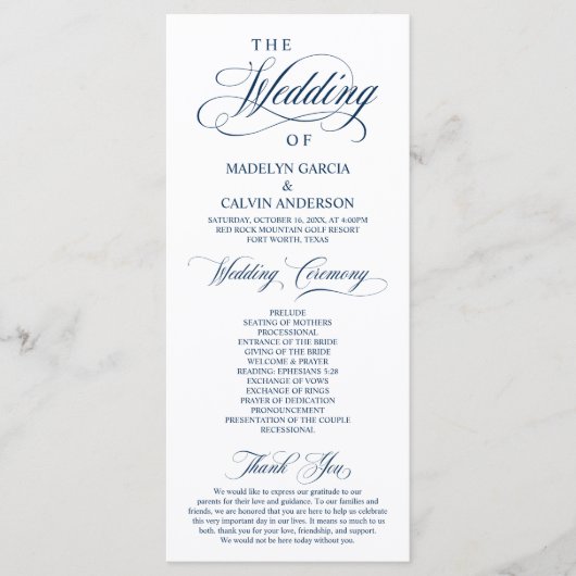 Programme Classic Elegance Marine Bleu Script Mariage cérémo (Devant)