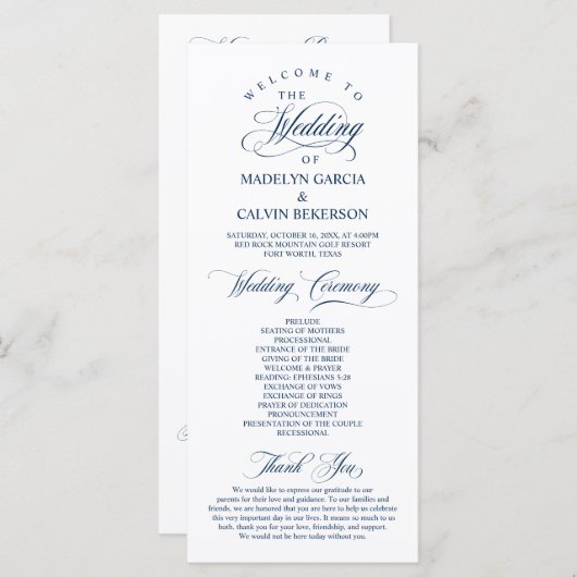 Programme Classic Elegance Marine Bleu Script Mariage cérémo (Devant / Derrière)