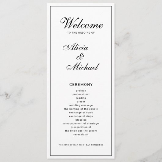 Programme Classic elegant calligraphy black white wedding (Devant)