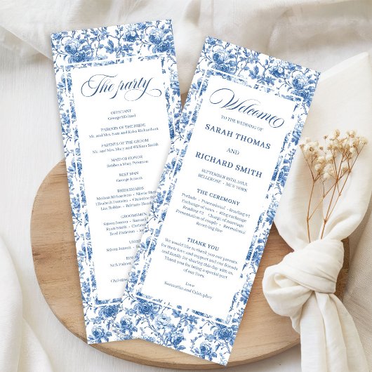 Programme Classic French Blue Roses Toile Wedding Program