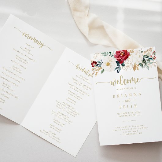 Programme Classic Gold Burgundy Blanc Floral Mariage plié