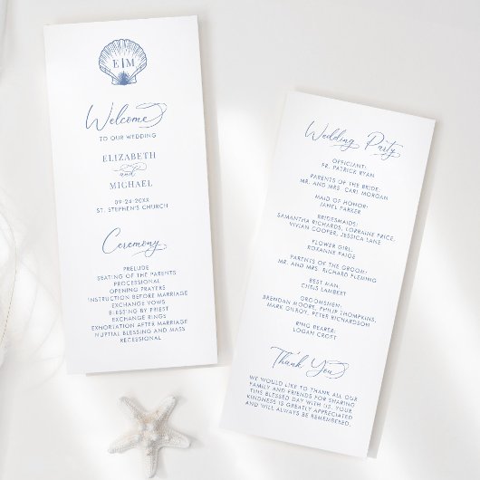 Programme Coastal Blue Beach Shell Monogram Wedding