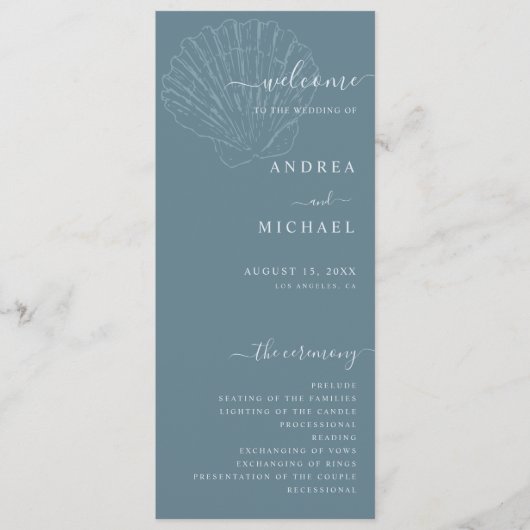 Programme Coastal Blue Nautical Hand Drawn Seashell Wedding (Devant)