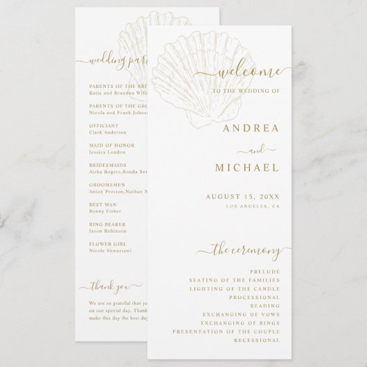 Programme Coastal Ivory & Gold Hand Drawn Seashell Wedding (Devant / Derrière)