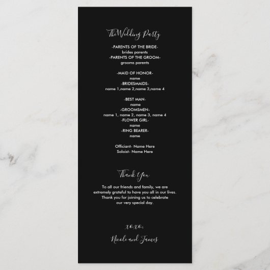 Programme Coeurs modernes Noir & Blanc Mariage minimal (Dos)