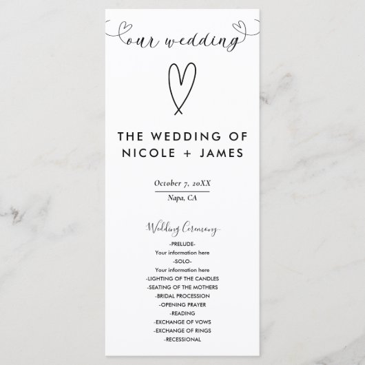 Programme Coeurs modernes Noir & Blanc Mariage minimal (Devant)