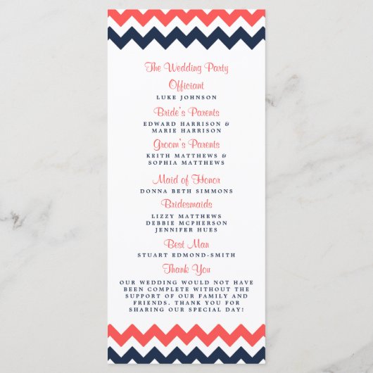 Programme Collection Mariage moderne Chevron Marine & Coral (Dos)
