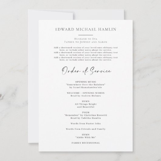 Programme commémoratif de célébration de la vie (Dos)