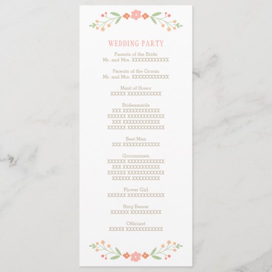 Programme Corail rustique rose et vert Mariage floral (Dos)