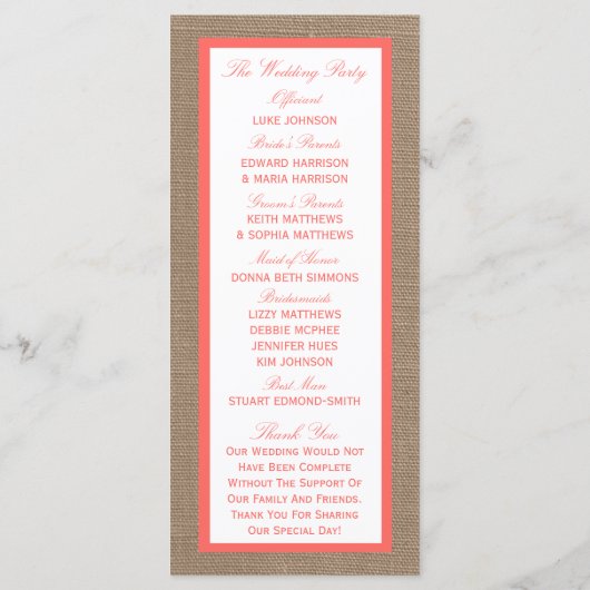 Programme Coral Seahorse Burlap Beach Wedding Collection (Dos)
