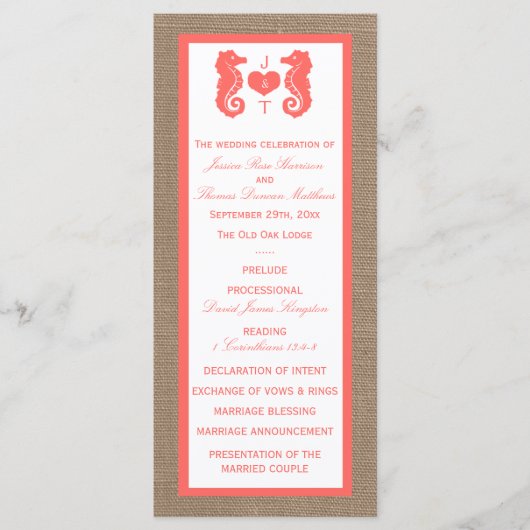 Programme Coral Seahorse Burlap Beach Wedding Collection (Devant)