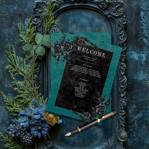 Programme Corbeau noir gothique et Rose noir Mariage Turquoi