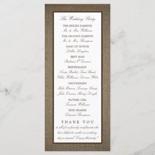 Programme Country Rustic Horseshoe Sur Burlap Mariage (Dos)