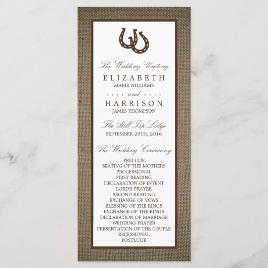 Programme Country Rustic Horseshoe Sur Burlap Mariage (Devant)