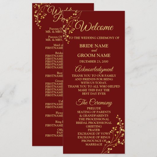Programme Couronne géométrique florale dorée Mariage rouge (Devant / Derrière)