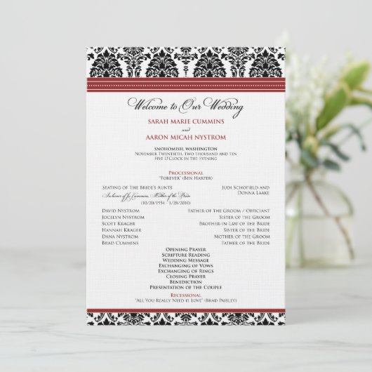 Programme : coutume : Damask black/red Wedding Program (Debout devant)