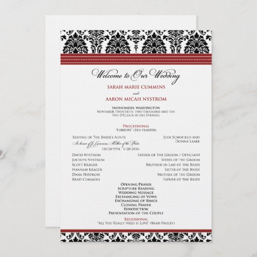 Programme : coutume : Damask black/red Wedding Program (Devant / Derrière)