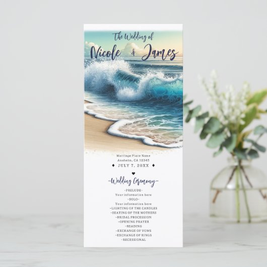 Programme Crashing Ocean Waves Coastal Beach Wedding Program (Debout devant)