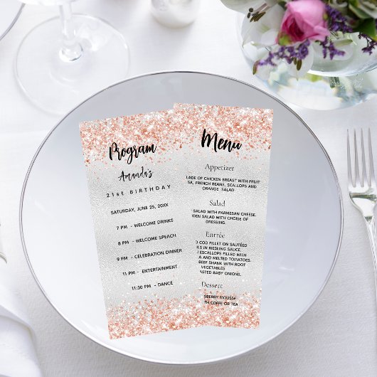 Programme d'anniversaire Menu argent rose or confe