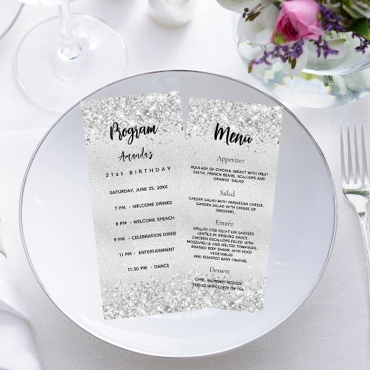 Programme d'anniversaire Menu confetti argent