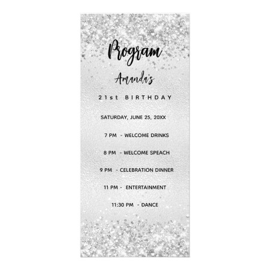 Programme d'anniversaire Menu confetti argent (Devant)