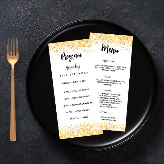 Programme d'anniversaire Menu confetti blanc or
