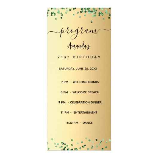 Programme d'anniversaire Menu or vert (Devant)