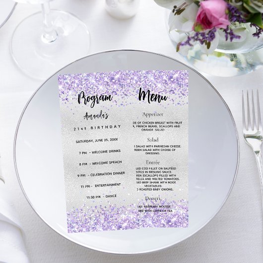 Programme d'anniversaire Menu violet argenté confe