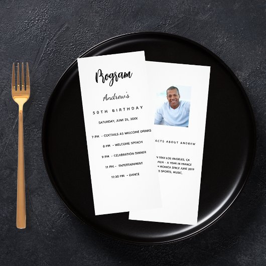 Programme d'anniversaire noir blanc photo faits am