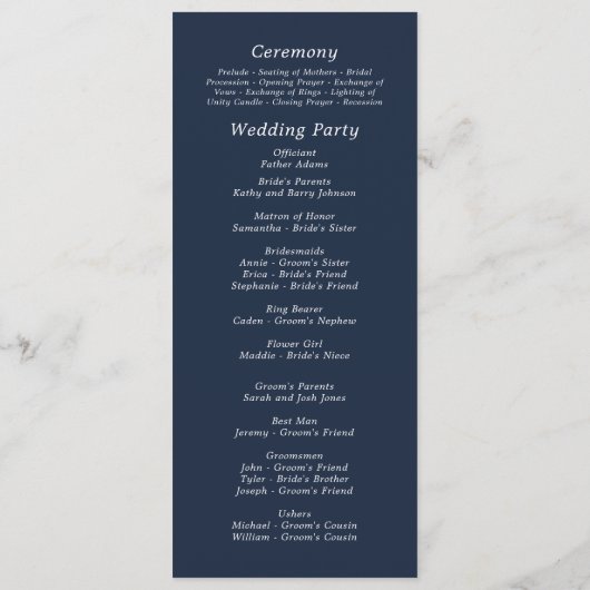 Programme Dark Navy Blanc Simple Script Mariage élégant (Dos)