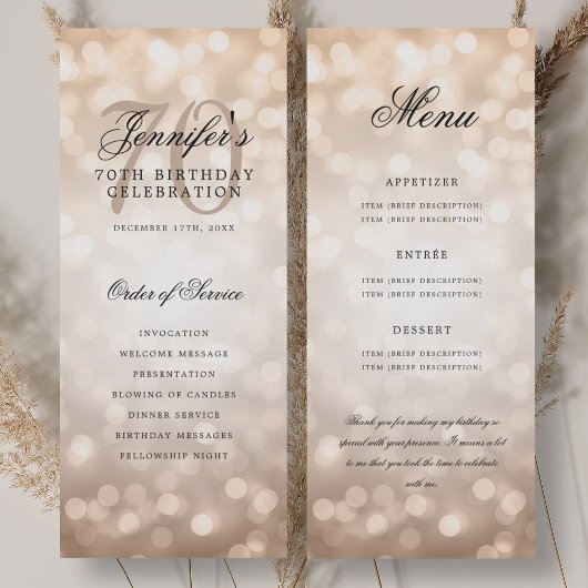 Programme de 70e anniversaire Menu Bokeh Rose Gold