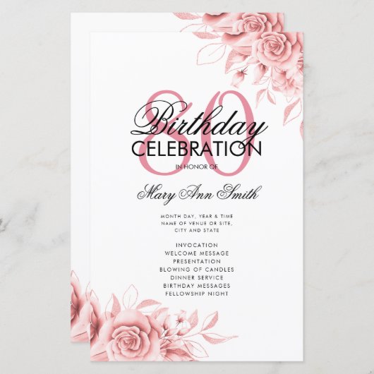 Programme de 80e anniversaire floral Menu Rose Gol (Devant / Derrière)