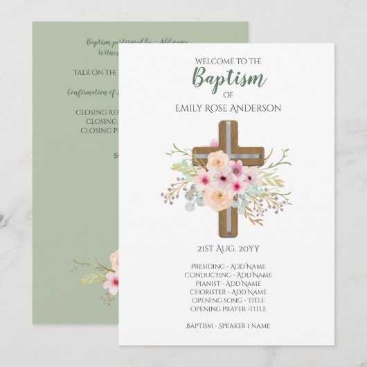 Programme de baptême - Croix florale - Garçon ou f (Devant / Derrière)