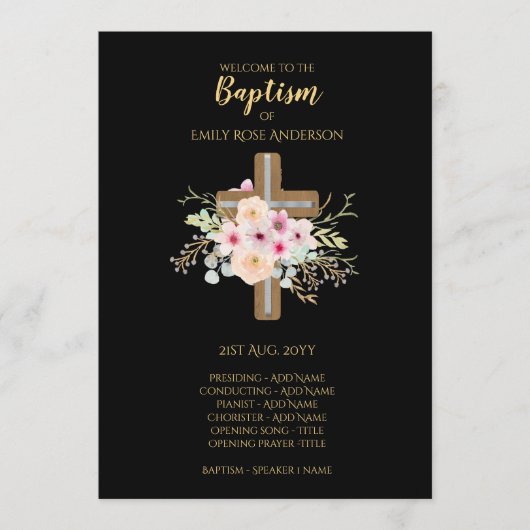Programme de baptême - Floral Cross Black Gold (Devant)