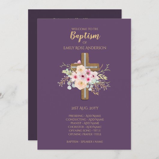 Programme de baptême - Floral Cross Purple Gold (Devant / Derrière)