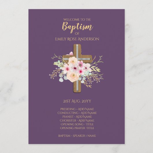 Programme de baptême - Floral Cross Purple Gold (Devant)