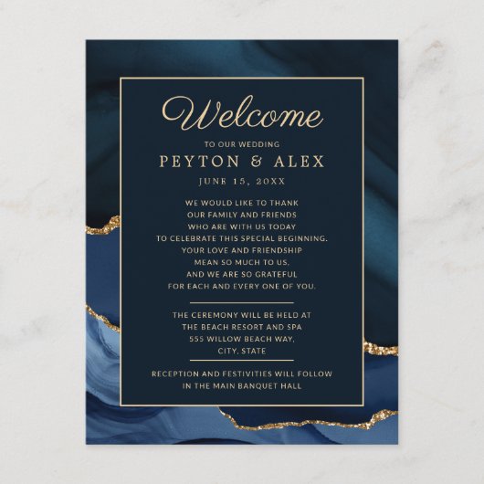 Programme de bienvenue de mariage bleu marine or m (Devant)