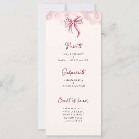 Programme de célébration de la Quinceañera rose (Dos)