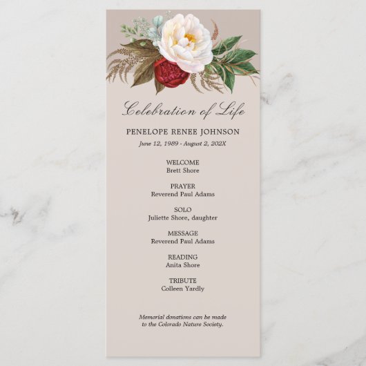 Programme de célébration de la vie de la collecte  (Devant)