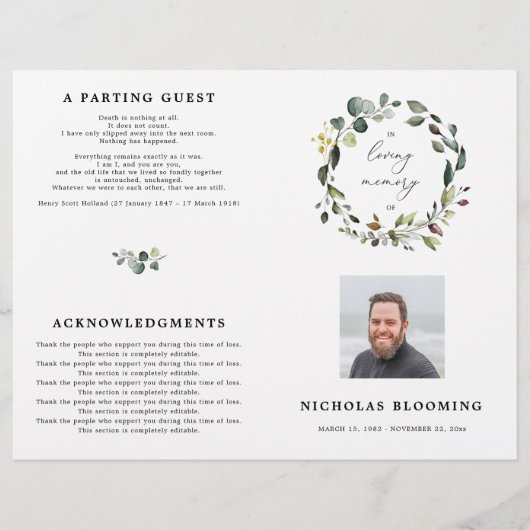 Programme De Célébration De La Vie De L'Eucalyptus (Devant)