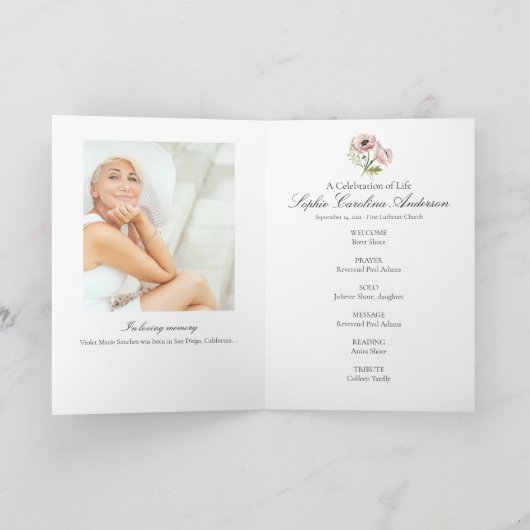 Programme de célébration de la vie des Pies roses (Intérieur)