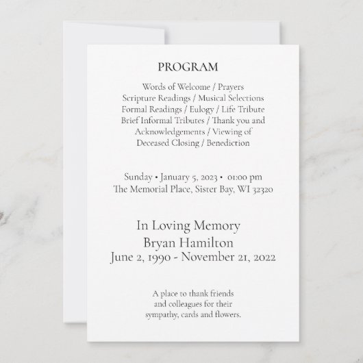 Programme de célébration funéraire simple de vie (Dos)