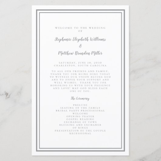 Programme de cérémonie chic de mariage gris et bla (Devant)