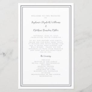 Programme de cérémonie chic de mariage gris et bla