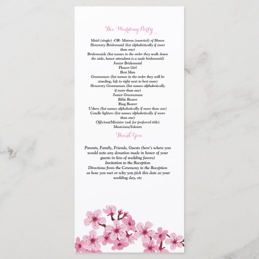 Programme de cérémonie de la flore rose blanc de f (Dos)