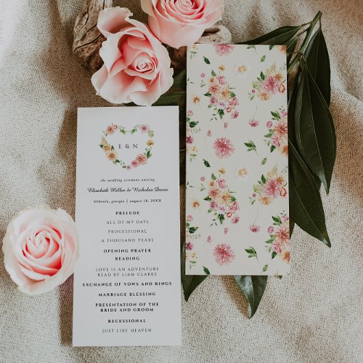 Programme de cérémonie de mariage à cœur floral ro