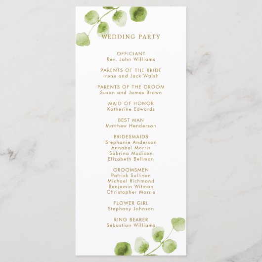 Programme de cérémonie de mariage à la verdure dor (Dos)