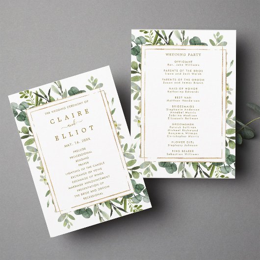 Programme de cérémonie de mariage à la verdure dor